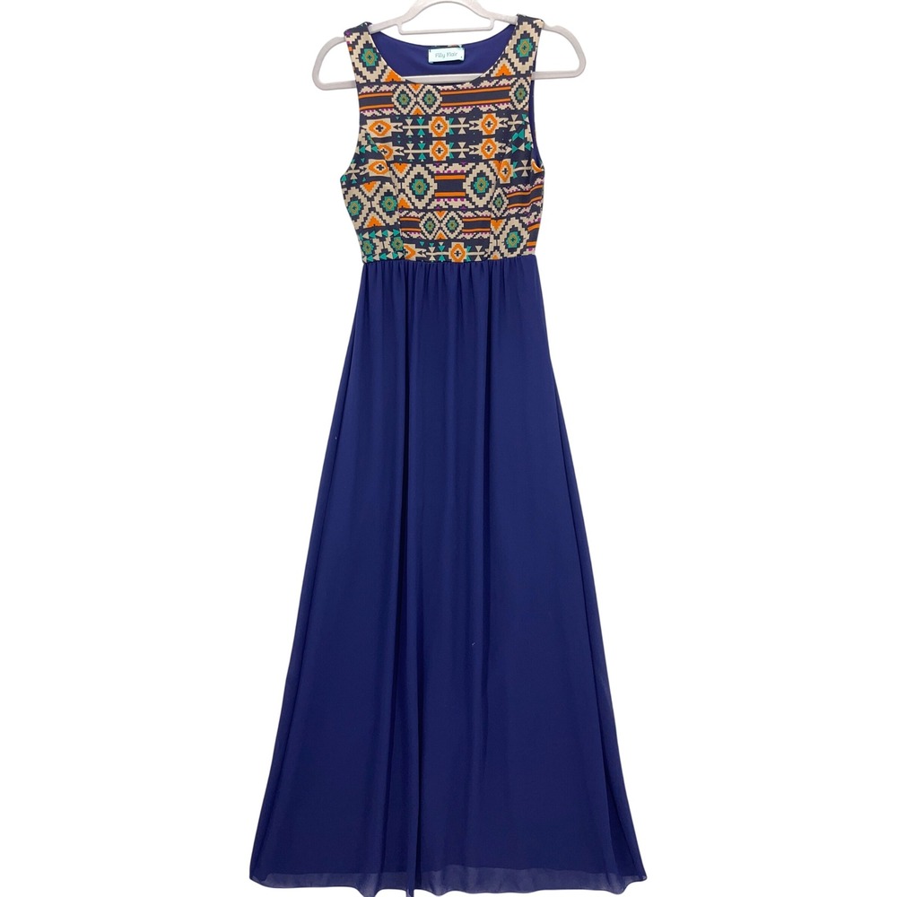 Filly Flair Blue Tribal Print Sleeveless Maxi Dress S Geometric Empire Waist